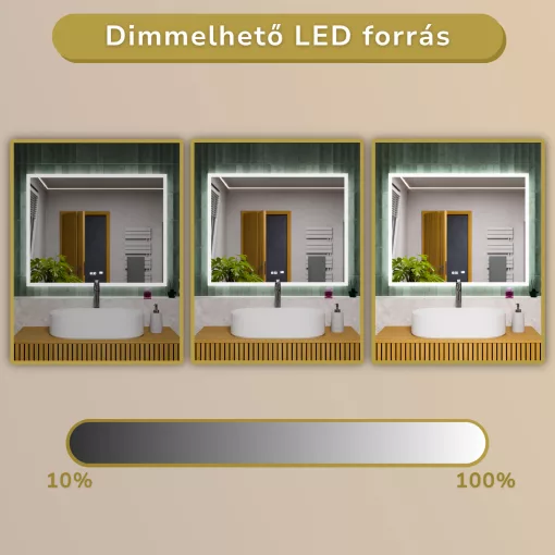 HD Versailles 100 cm széles fali szögletes LED okostükör akril kerettel, ambient világítással, mozgásérzékelővel, digitális órával és páramentesítő funkcióval