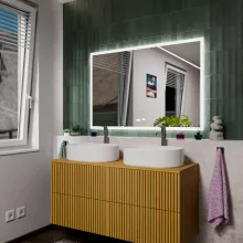 HD Versailles 120 cm széles fali szögletes LED okostükör akril kerettel, ambient világítással, mozgásérzékelővel, digitális órával és páramentesítő funkcióval