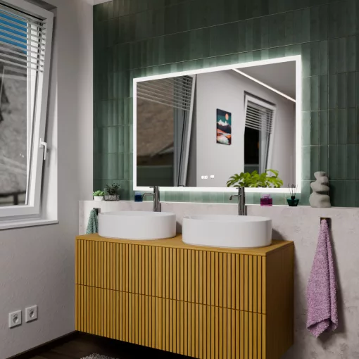 HD Versailles 120 cm széles fali szögletes LED okostükör akril kerettel, ambient világítással, mozgásérzékelővel, digitális órával és páramentesítő funkcióval