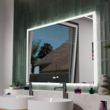 HD Versailles 120 cm széles fali szögletes LED okostükör akril kerettel, ambient világítással, mozgásérzékelővel, digitális órával és páramentesítő funkcióval