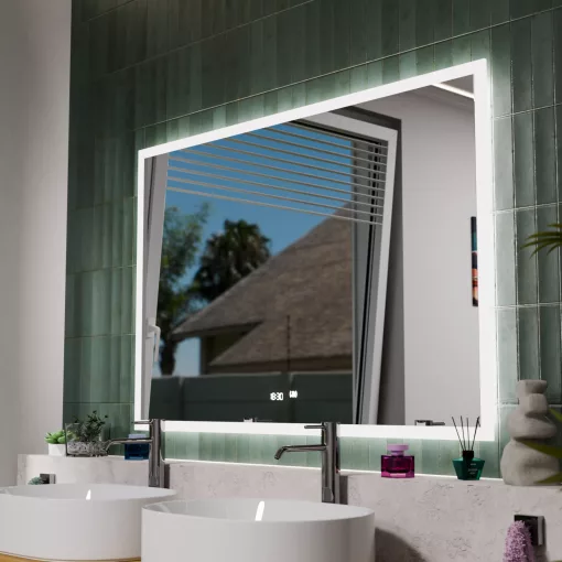 HD Versailles 120 cm széles fali szögletes LED okostükör akril kerettel, ambient világítással, mozgásérzékelővel, digitális órával és páramentesítő funkcióval