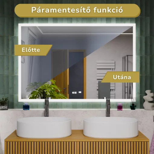 HD Versailles 120 cm széles fali szögletes LED okostükör akril kerettel, ambient világítással, mozgásérzékelővel, digitális órával és páramentesítő funkcióval