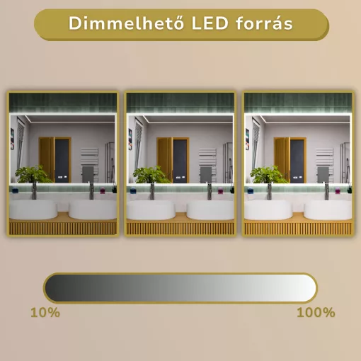 HD Versailles 120 cm széles fali szögletes LED okostükör akril kerettel, ambient világítással, mozgásérzékelővel, digitális órával és páramentesítő funkcióval