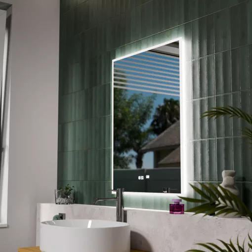 HD Versailles 60 cm széles fali szögletes LED okostükör akril kerettel, ambient világítással, mozgásérzékelővel, digitális órával és páramentesítő funkcióval