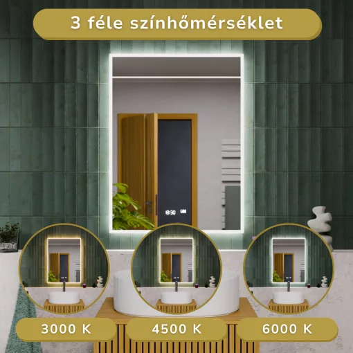HD Versailles 60 cm széles fali szögletes LED okostükör akril kerettel, ambient világítással, mozgásérzékelővel, digitális órával és páramentesítő funkcióval