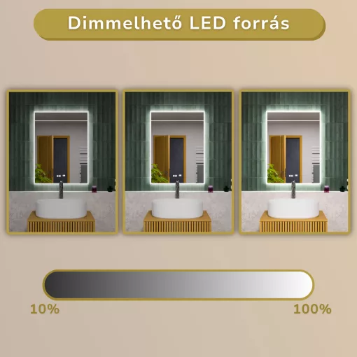 HD Versailles 60 cm széles fali szögletes LED okostükör akril kerettel, ambient világítással, mozgásérzékelővel, digitális órával és páramentesítő funkcióval