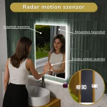 HD Versailles 80 cm széles fali szögletes LED okostükör akril kerettel, ambient világítással, mozgásérzékelővel, digitális órával és páramentesítő funkcióval