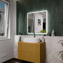 HD Versailles 80 cm széles fali szögletes LED okostükör akril kerettel, ambient világítással, mozgásérzékelővel, digitális órával és páramentesítő funkcióval