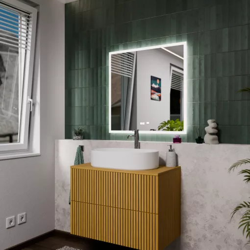 HD Versailles 80 cm széles fali szögletes LED okostükör akril kerettel, ambient világítással, mozgásérzékelővel, digitális órával és páramentesítő funkcióval
