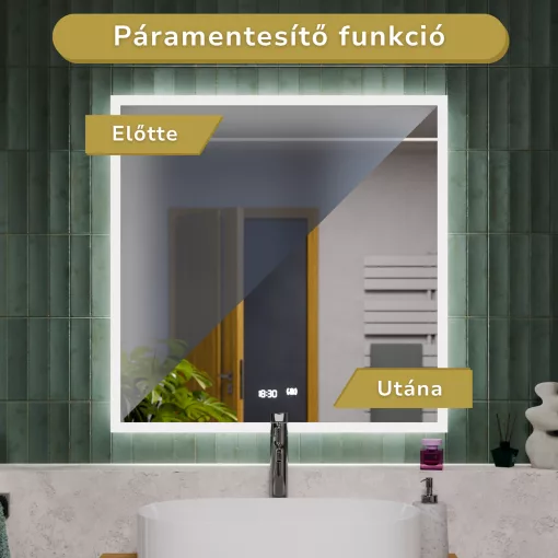 HD Versailles 80 cm széles fali szögletes LED okostükör akril kerettel, ambient világítással, mozgásérzékelővel, digitális órával és páramentesítő funkcióval
