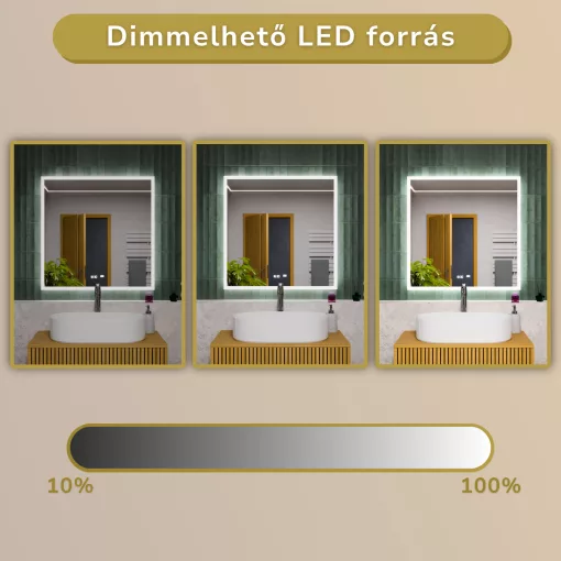HD Versailles 80 cm széles fali szögletes LED okostükör akril kerettel, ambient világítással, mozgásérzékelővel, digitális órával és páramentesítő funkcióval