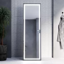 HD Everest 160 cm magas álló szögletes LED okostükör slim fekete kerettel, érintőkapcsolóval és digitális órával