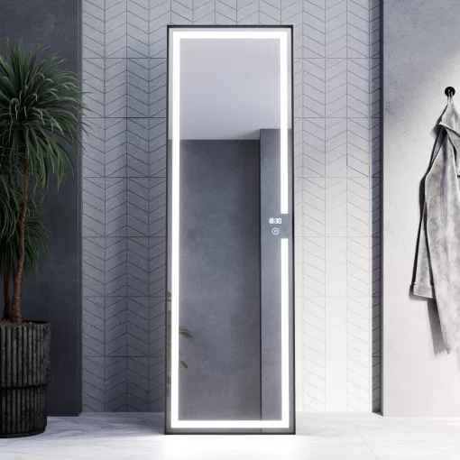 HD Everest 160 cm magas álló szögletes LED okostükör slim fekete kerettel, érintőkapcsolóval és digitális órával