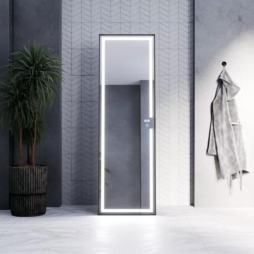 HD Everest 160 cm magas álló szögletes LED okostükör slim fekete kerettel, érintőkapcsolóval és digitális órával