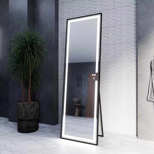 HD Everest 160 cm magas álló szögletes LED okostükör slim fekete kerettel, érintőkapcsolóval és digitális órával