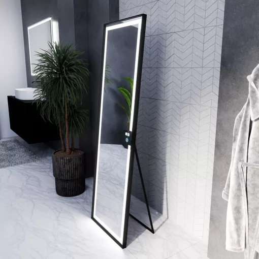 HD Everest Black 160 cm magas álló szögletes LED okostükör slim fekete kerettel, érintőkapcsolóval és digitális órával