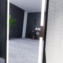 HD Everest 160 cm magas álló szögletes LED okostükör slim fekete kerettel, érintőkapcsolóval és digitális órával
