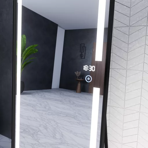 HD Everest 160 cm magas álló szögletes LED okostükör slim fekete kerettel, érintőkapcsolóval és digitális órával