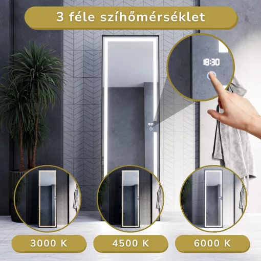 HD Everest 160 cm magas álló szögletes LED okostükör slim fekete kerettel, érintőkapcsolóval és digitális órával