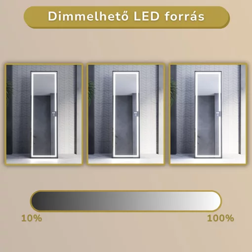 HD Everest Black 160 cm magas álló szögletes LED okostükör slim fekete kerettel, érintőkapcsolóval és digitális órával