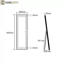 HD Everest 160 cm magas álló szögletes LED okostükör slim fekete kerettel, érintőkapcsolóval és digitális órával