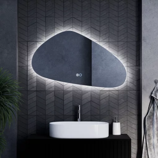 HD Cloud 100 cm széles fali szabálytalan alakú LED okostükör forgatható, ambient világítással, érintőkapcsolóval és páramentesítő funkcióval