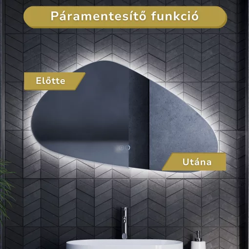 HD Cloud 100 cm széles fali szabálytalan alakú LED okostükör forgatható, ambient világítással, érintőkapcsolóval és páramentesítő funkcióval