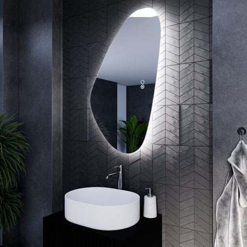 HD Cloud 60 cm széles fali szabálytalan alakú LED okostükör forgatható, ambient világítással, érintőkapcsolóval és páramentesítő funkcióval