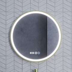   HD Rio Gold 60 cm széles fali kerek LED okostükör szálcsiszolt arany kerettel, érintőkapcsolóval, digitális órával és páramentesítő funkcióval