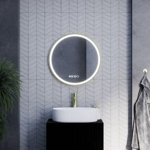 HD Rio Gold 60 cm széles fali kerek LED okostükör szálcsiszolt arany kerettel, érintőkapcsolóval, digitális órával és páramentesítő funkcióval