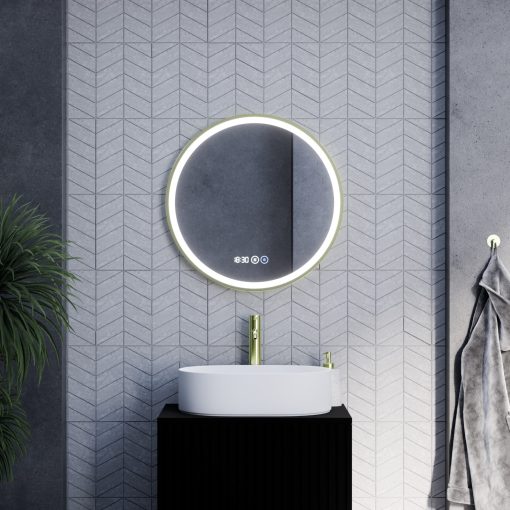 HD Rio Gold 60 cm széles fali kerek LED okostükör szálcsiszolt arany kerettel, érintőkapcsolóval, digitális órával és páramentesítő funkcióval
