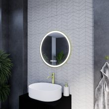 HD Rio Gold 60 cm széles fali kerek LED okostükör szálcsiszolt arany kerettel, érintőkapcsolóval, digitális órával és páramentesítő funkcióval