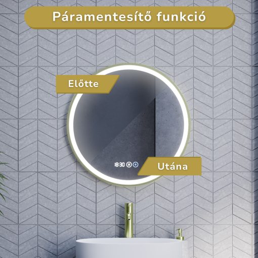 HD Rio Gold 60 cm széles fali kerek LED okostükör szálcsiszolt arany kerettel, érintőkapcsolóval, digitális órával és páramentesítő funkcióval