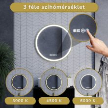 HD Rio Gold 60 cm széles fali kerek LED okostükör szálcsiszolt arany kerettel, érintőkapcsolóval, digitális órával és páramentesítő funkcióval