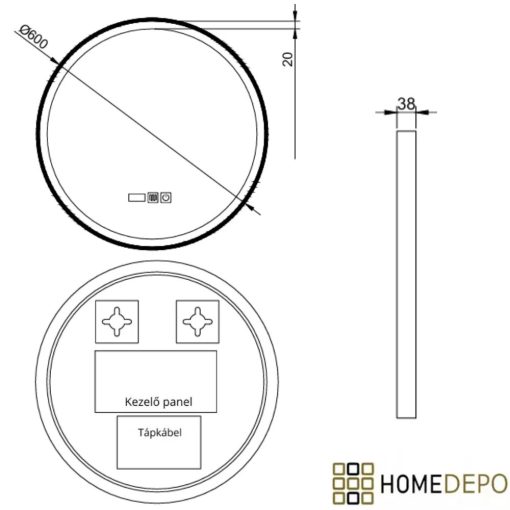 HD Rio Gold 60 cm széles fali kerek LED okostükör szálcsiszolt arany kerettel, érintőkapcsolóval, digitális órával és páramentesítő funkcióval