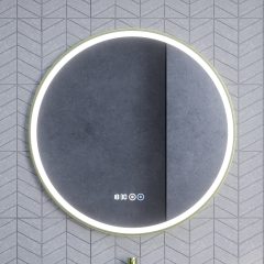  HD Rio Gold 80 cm széles fali kerek LED okostükör szálcsiszolt arany kerettel, érintőkapcsolóval, digitális órával és páramentesítő funkcióval
