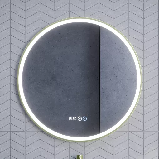 HD Rio Gold 80 cm széles fali kerek LED okostükör szálcsiszolt arany kerettel, érintőkapcsolóval, digitális órával és páramentesítő funkcióval