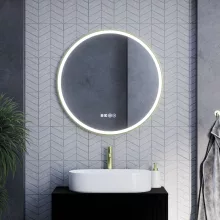 HD Rio Gold 80 cm széles fali kerek LED okostükör szálcsiszolt arany kerettel, érintőkapcsolóval, digitális órával és páramentesítő funkcióval