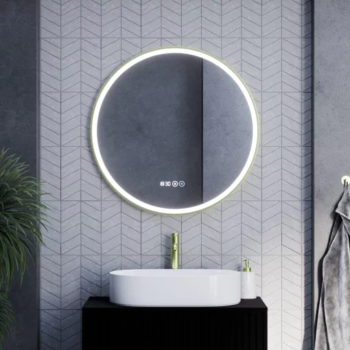 HD Rio Gold 80 cm széles fali kerek LED okostükör szálcsiszolt arany kerettel, érintőkapcsolóval, digitális órával és páramentesítő funkcióval