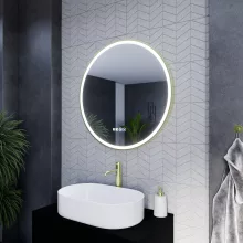 HD Rio Gold 80 cm széles fali kerek LED okostükör szálcsiszolt arany kerettel, érintőkapcsolóval, digitális órával és páramentesítő funkcióval
