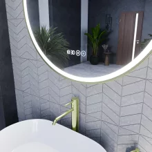 HD Rio Gold 80 cm széles fali kerek LED okostükör szálcsiszolt arany kerettel, érintőkapcsolóval, digitális órával és páramentesítő funkcióval