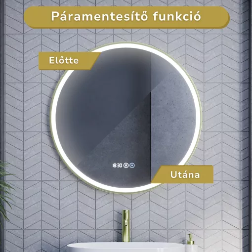 HD Rio Gold 80 cm széles fali kerek LED okostükör szálcsiszolt arany kerettel, érintőkapcsolóval, digitális órával és páramentesítő funkcióval
