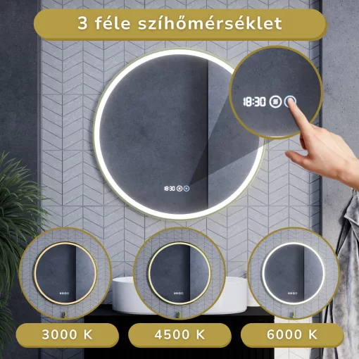 HD Rio Gold 80 cm széles fali kerek LED okostükör szálcsiszolt arany kerettel, érintőkapcsolóval, digitális órával és páramentesítő funkcióval