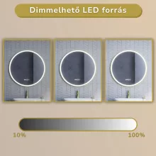 HD Rio Gold 80 cm széles fali kerek LED okostükör szálcsiszolt arany kerettel, érintőkapcsolóval, digitális órával és páramentesítő funkcióval