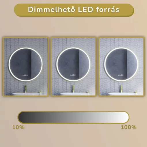 HD Rio Gold 80 cm széles fali kerek LED okostükör szálcsiszolt arany kerettel, érintőkapcsolóval, digitális órával és páramentesítő funkcióval