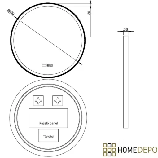 HD Rio Gold 80 cm széles fali kerek LED okostükör szálcsiszolt arany kerettel, érintőkapcsolóval, digitális órával és páramentesítő funkcióval
