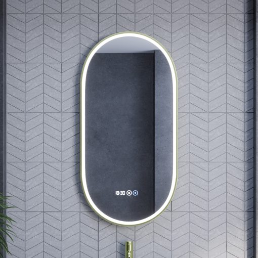 HD Dallas Gold 50 cm széles fali ovális LED okostükör szálcsiszolt arany kerettel, ambient világítással, érintőkapcsolóval, digitális órával és páramentesítő funkcióval