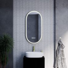 HD Dallas Gold 50 cm széles fali ovális LED okostükör szálcsiszolt arany kerettel, ambient világítással, érintőkapcsolóval, digitális órával és páramentesítő funkcióval
