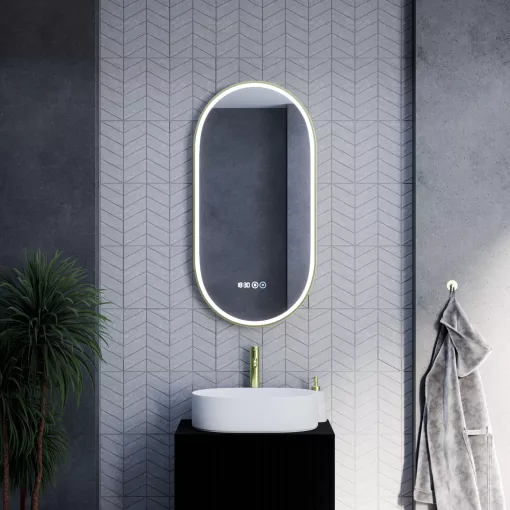 HD Dallas Gold 50 cm széles fali ovális LED okostükör szálcsiszolt arany kerettel, ambient világítással, érintőkapcsolóval, digitális órával és páramentesítő funkcióval