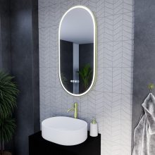 HD Dallas Gold 50 cm széles fali ovális LED okostükör szálcsiszolt arany kerettel, ambient világítással, érintőkapcsolóval, digitális órával és páramentesítő funkcióval
